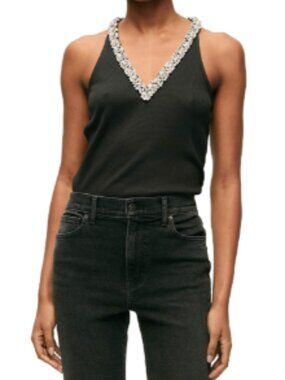 Veronica Beard Ayres Black Embellished V-Neck Top